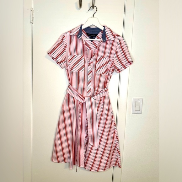 Tommy Hilfiger shirt dress cotton vertical stripe pink white button down belted‍ - Picture 15 of 15
